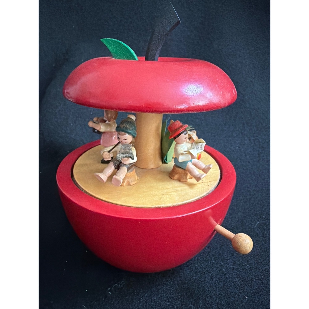 Vintage Romance Wooden Apple Music Box Rotating Hand Painted Children Folk Art